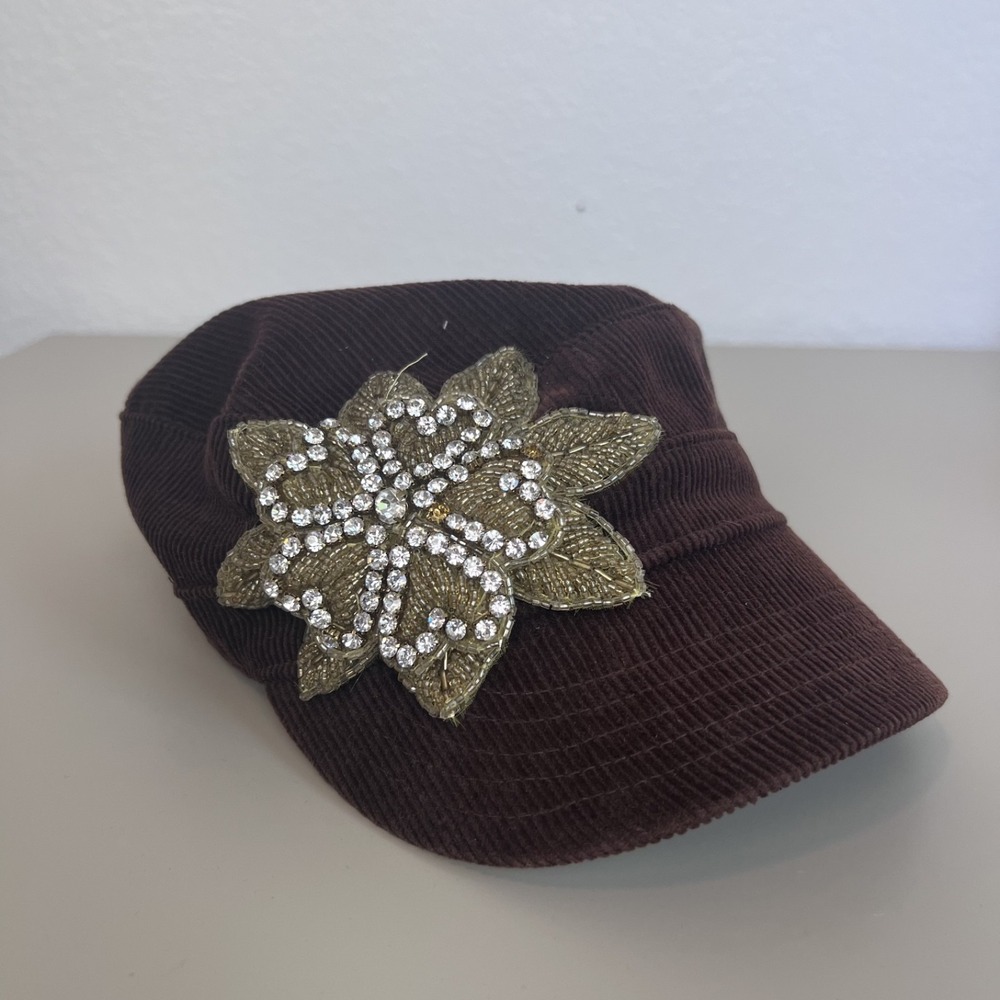 Vintage Y2K Newsboy Hat Womens Brown Corduroy Rhinestone Cap Boho Statement